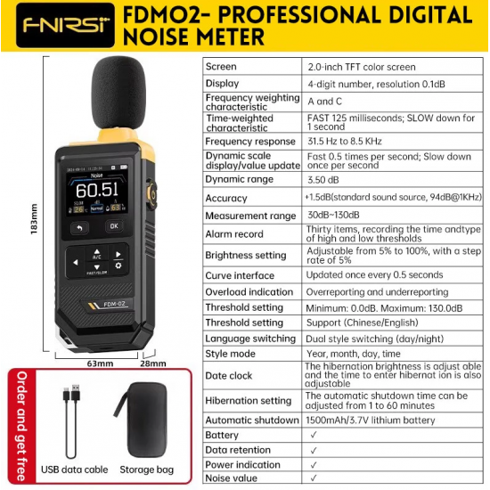 Fnirsi FDM02 Profesyonel Ses Seviyesi Ölçer Desibel Metre
